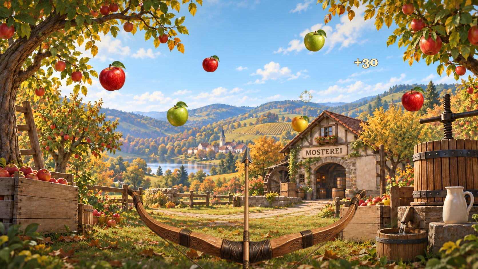 Fliegende Äpfel vor einer herbstlichen Streuobstwiese und Mosterei: eine Spielszene aus Apfeljagd