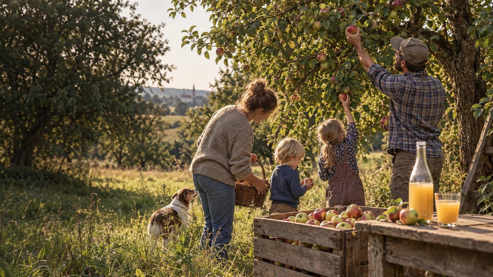 Eine Familie pflückt gemeinsam Äpfel auf einer Streuobstwiese