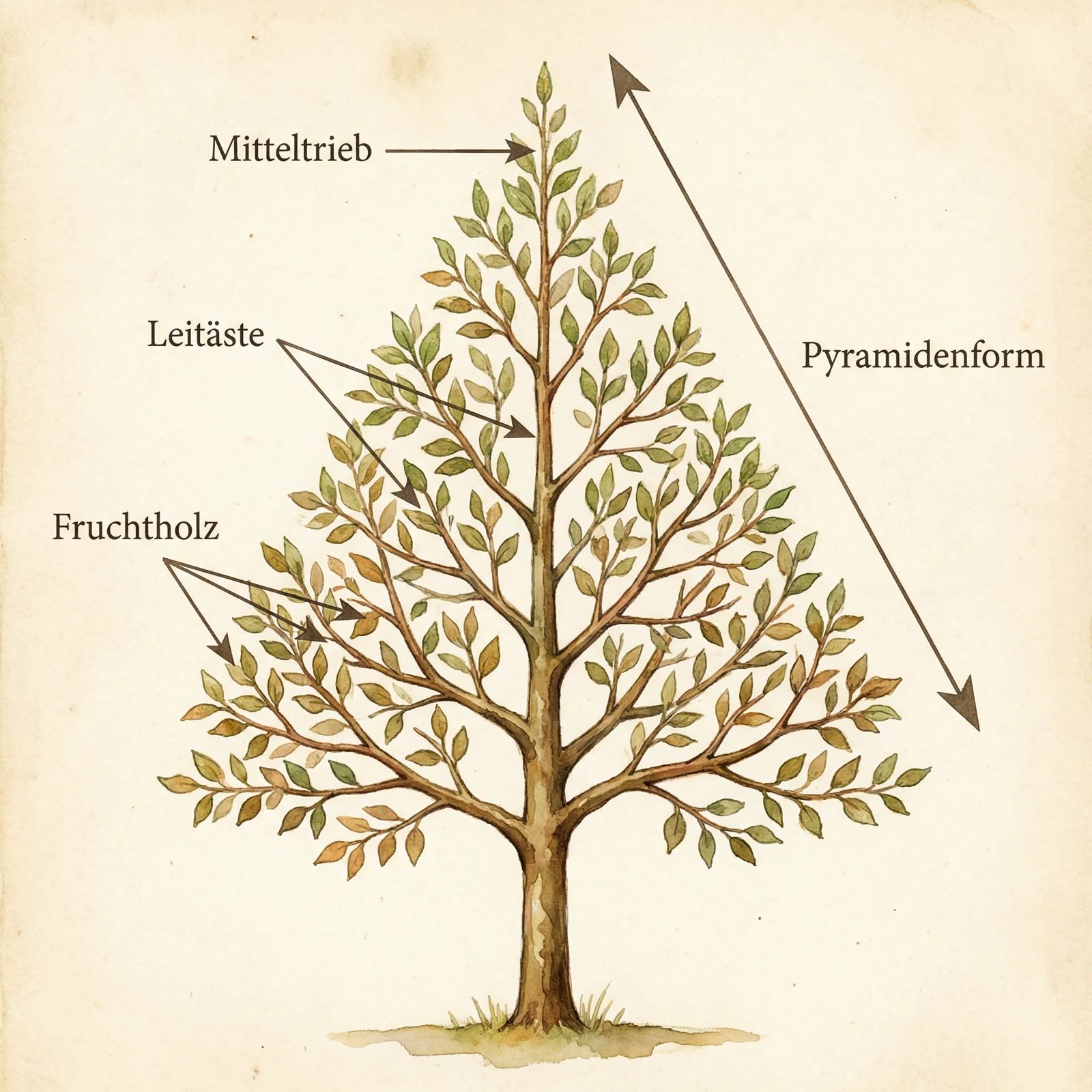 Schaubild einer Pyramidenkrone mit Mitteltrieb, Leitästen und Fruchtholz