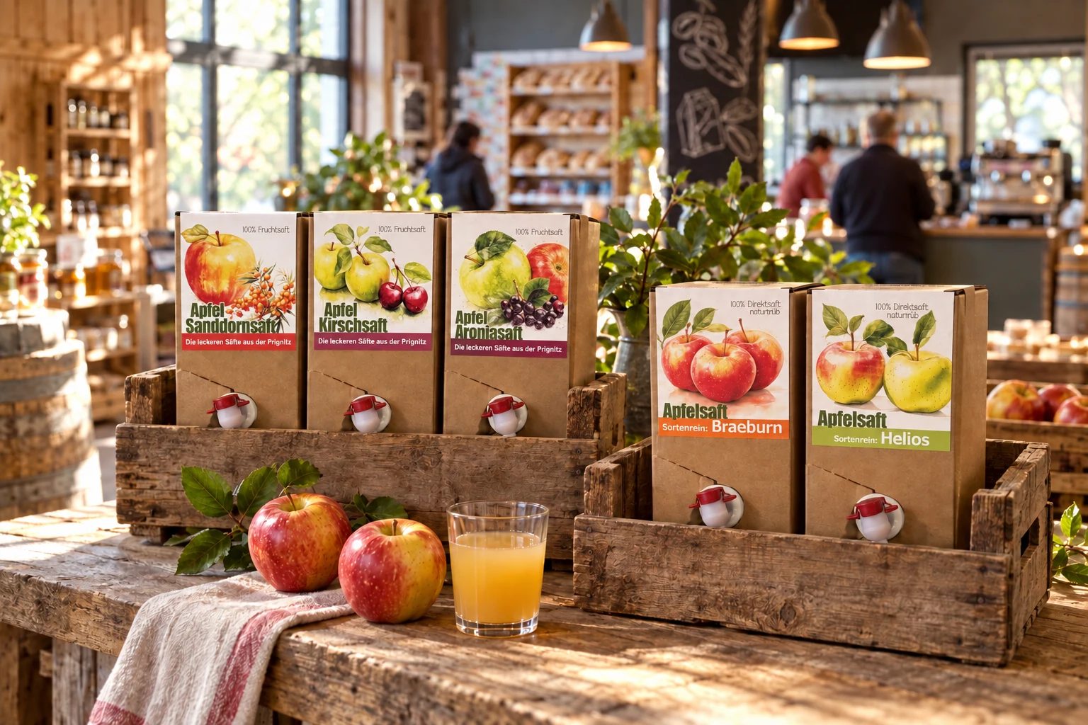 Apfel-Sanddorn, Apfel-Kirsch, Apfel-Aronia, Braeburn und Helios